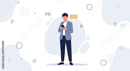 PR professional using smartphone for communication, abstract background, modern flat design