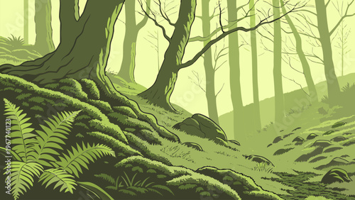 Lush green forest with ferns, trees, and foggy atmosphere. Nature wilderness vector illustration perfect for outdoor adventure, camping themes, and eco backgrounds.