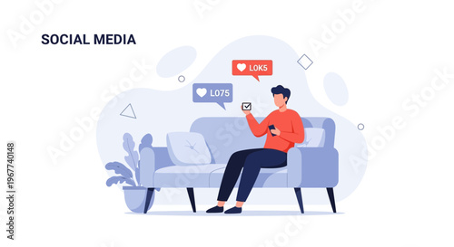 Man on Sofa Using Smartphone, Receiving Social Media Likes and Notifications