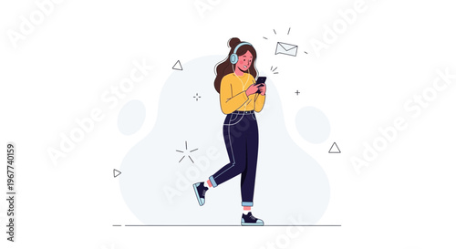 Young Woman Listening to Music on Headphones and Using Smartphone