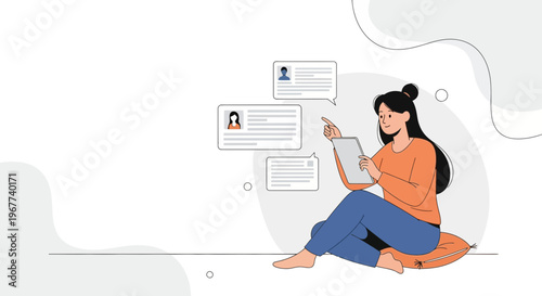 Young woman sitting on pillow, pointing at digital profiles on screen, online recruitment concept