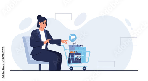 Woman in business suit with shopping cart full of bags, online shopping concept