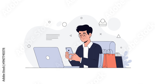 Man shopping online on phone with laptop and shopping bags