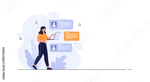 Woman with laptop interacting with online profiles and messages, digital communication concept