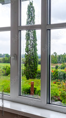 Rainy Window with Blurred Green View