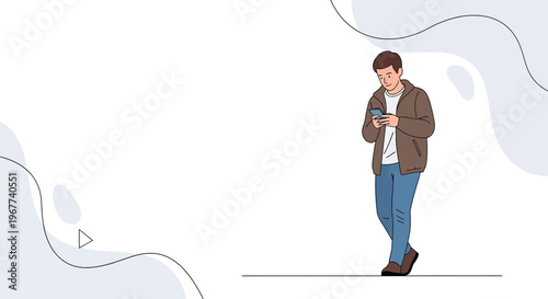 Man in Casual Clothes Using Smartphone, Modern Abstract Background