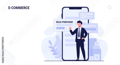 E-commerce businessman pointing at bulk purchase on smartphone screen, online shopping concept