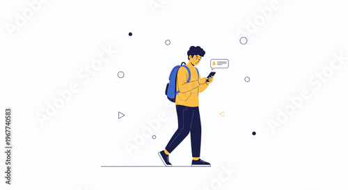 Young man with backpack checking phone, walking, notification icon, modern flat illustration