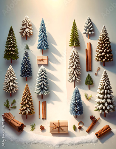 Cute Decorative Christmas Trees Flat Lay Style