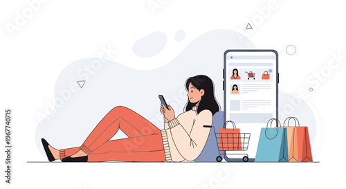 Woman Shopping Online on Phone with Bags and Cart, E-commerce Concept