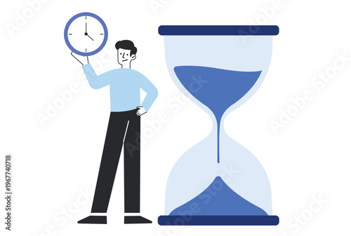 Man holding a clock standing next to a large hourglass symbolizing effective time management and deadline pressure.