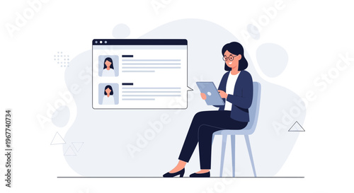 Recruiter reviewing candidate profiles on a tablet, modern office setting, illustration