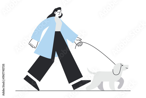 Woman walking her happy dog on a leash enjoying a peaceful morning stroll outdoors during daily exercise routine.