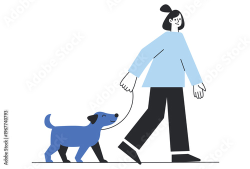 Woman walking her happy dog on a leash enjoying a peaceful morning stroll outdoors during daily exercise routine.