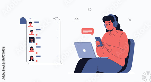 Person with headphones using phone and laptop, list of contacts on screen