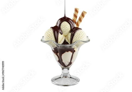 Delicious vanilla ice cream sundae with chocolate sauce and wafer rolls isolated on transparent background