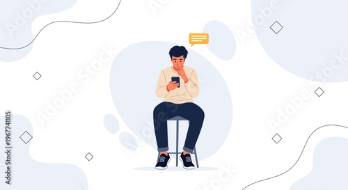 Man sitting on stool, looking at phone with worried expression, chat bubble above