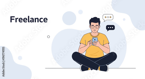 Freelance man sitting cross-legged, using smartphone, communication concept