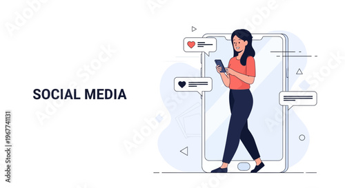 Social Media Concept: Woman Using Smartphone with Likes and Messages