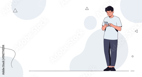 Young man using smartphone, modern abstract background, minimalist illustration