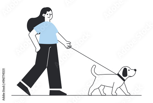 Woman walking with her dog on a leash while enjoying a healthy morning stroll in the city park.