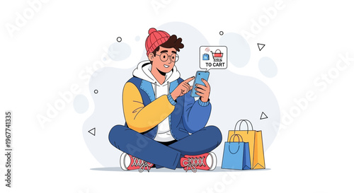 Young man using smartphone for online shopping, adding items to cart, with shopping bags