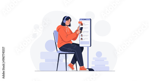 Woman with headphones using smartphone, online communication, digital life, flat design