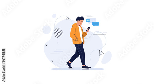 Young Man Walking While Texting on Smartphone, Modern Flat Illustration