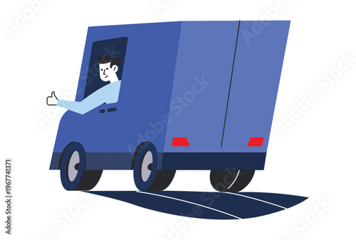 Delivery man courier driving a large blue cargo van along the highway delivering packages to customers with a positive thumbs up gesture for excellent service and reliable logistics.