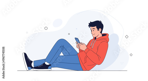 Young Man Relaxing Outdoors, Texting on Smartphone, Casual Style