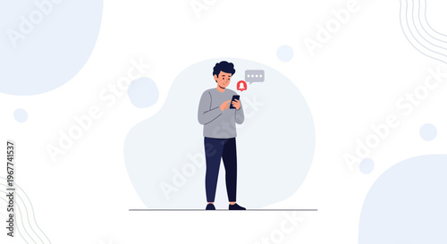 Man checking smartphone notification with bell icon and message bubble
