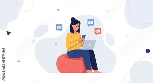 Woman Working Remotely on Laptop and Phone with Social Media Icons