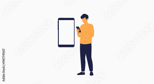 Man Using Smartphone Next to Large Blank Screen Phone Mockup