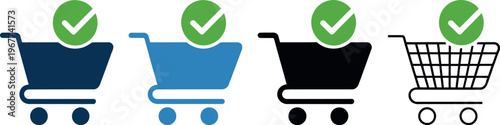 Shopping cart icons in blue light blue black and dark grey with green checkmark symbols representing purchase approval and e commerce success illustration