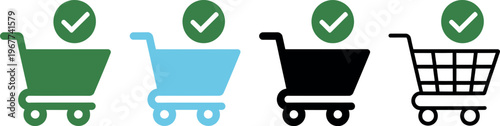Shopping cart icons in blue light blue black and dark grey with green checkmark symbols representing purchase approval and e commerce success illustration