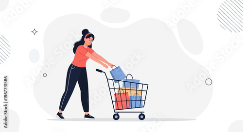 Woman pushing shopping cart full of bags, shopping, consumerism, retail, lifestyle
