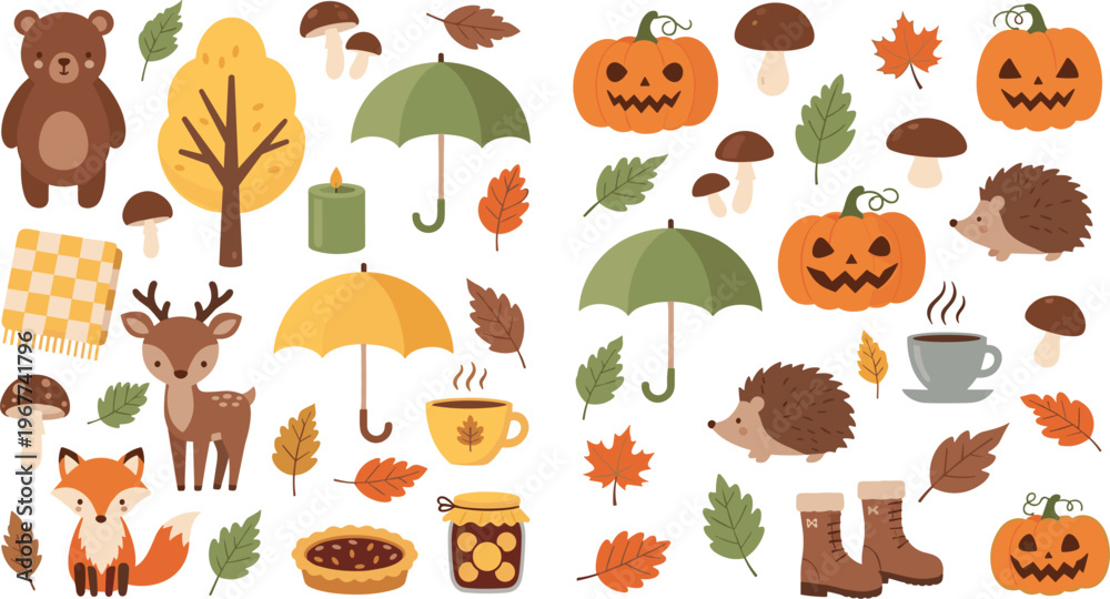 Fototapeta premium Autumn Collection with Pumpkins Leaves Animals Umbrellas and Cozy Fall Elements Cartoon Set Seasonal Nature Illustration Isolated on White Background