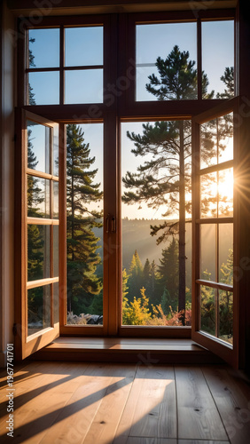Open Window to a Golden Morning in Nature