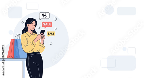 Woman Shopping Online Using Smartphone, Sale Notification, Shopping Bags, E-commerce