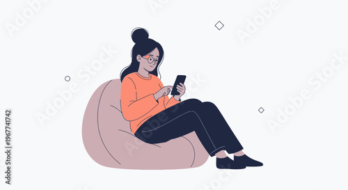 Woman Relaxing on Beanbag Chair Using Smartphone, Minimalist Illustration