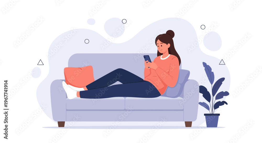 Fototapeta premium Woman Relaxing on Sofa with Smartphone, Cozy Home Illustration
