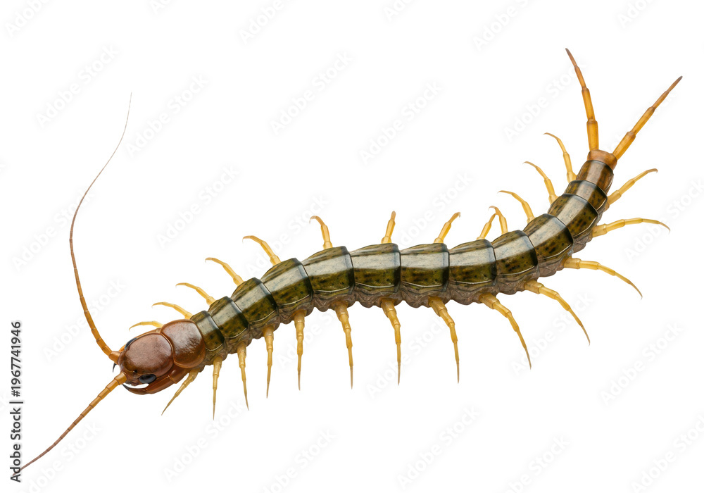 Fototapeta premium A centipede with long antennae and numerous legs on a transparent background
