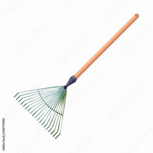 Garden rake with wooden handle on plain background. Gardening tool vector.