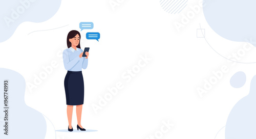 Businesswoman texting on smartphone with chat bubbles, modern office background