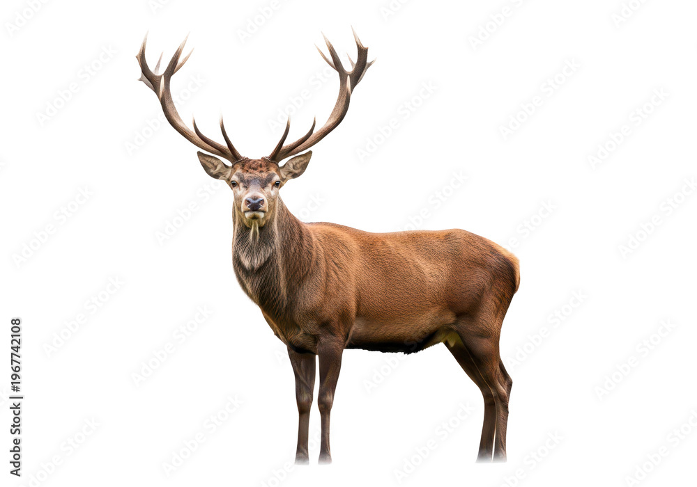 Fototapeta premium A large brown deer with antlers standing isolated on transparent background looking at the camera with alert expression