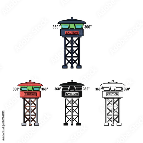 Four different colored watchtowers with caution sign and 360 degree view  surveillance towers with lattice structure and control rooms