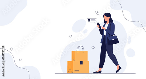 Woman checking phone with shopping bags and boxes, online shopping concept
