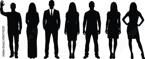 Silhouette of diverse group people, business man in suit, casual woman, waving man, standing figures, team, community, isolated white background.