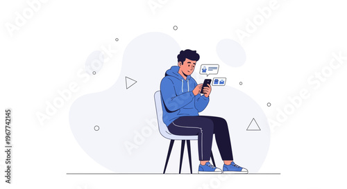 Young man sitting on chair using smartphone, communication concept, flat illustration