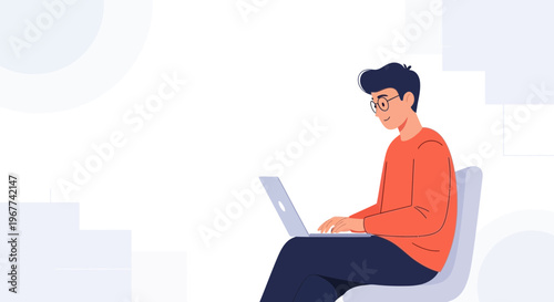 Young man working on laptop, modern flat illustration, remote work, study, online learning